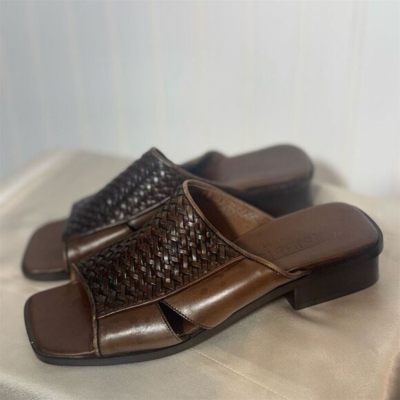 Talbots Made in Italy Brown Woven Leather Slides Heeled Sandals 7M Square Toe - Picture 9 of 9